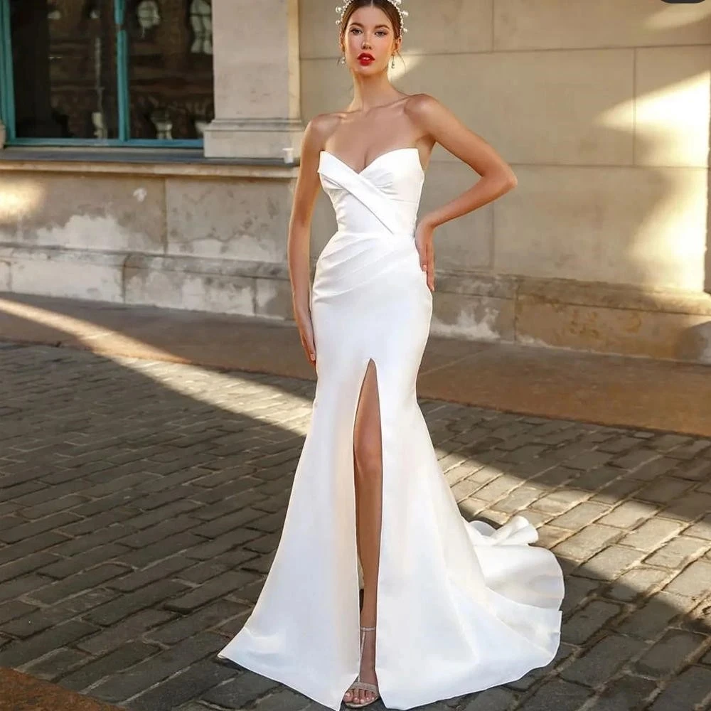 

French Classic Mermaid Wedding Dresses Sweethear Neck Lacing Up Back Front Split Bridal Gowns Satin Women Formal Robe De Mariée