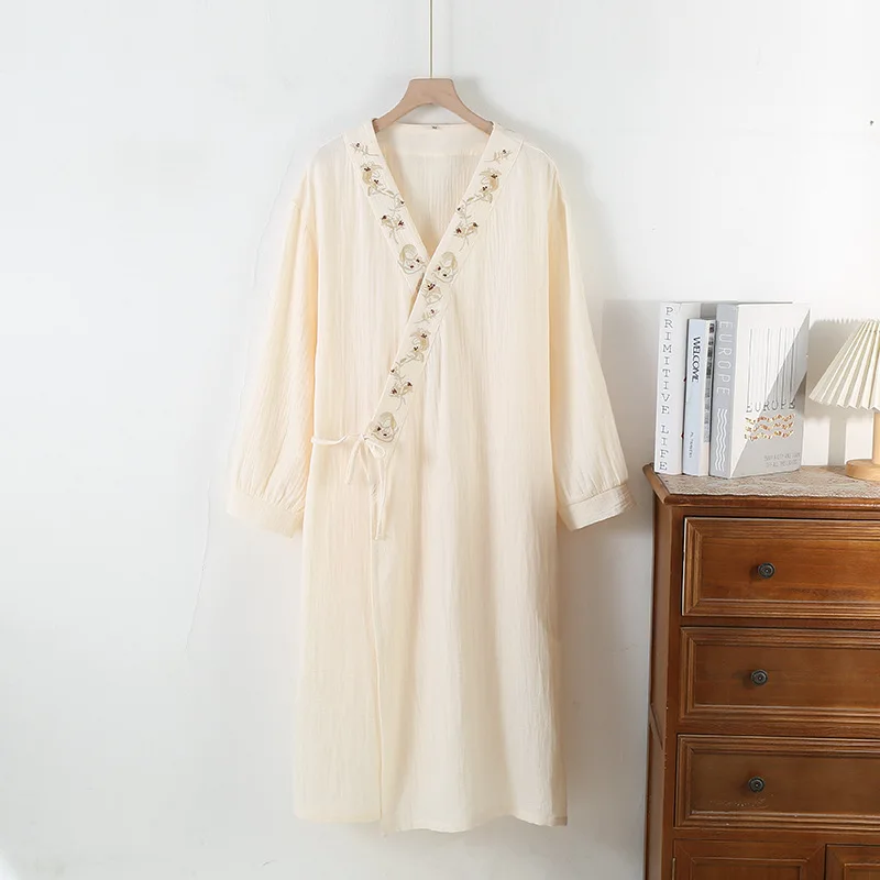 Pure Cotton Nightdress Thin Double-layer Gauze Women's Lace-up Seven-quarter Sleeve Loungewear V-Neck Kimono Nightgown