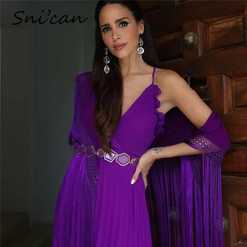 

Женское шифоновое платье с оборками, однотонное фиолетовое повседневное длинное платье оверсайз с V-образным вырезом, перекрестными бретельками и открытой спиной, лето