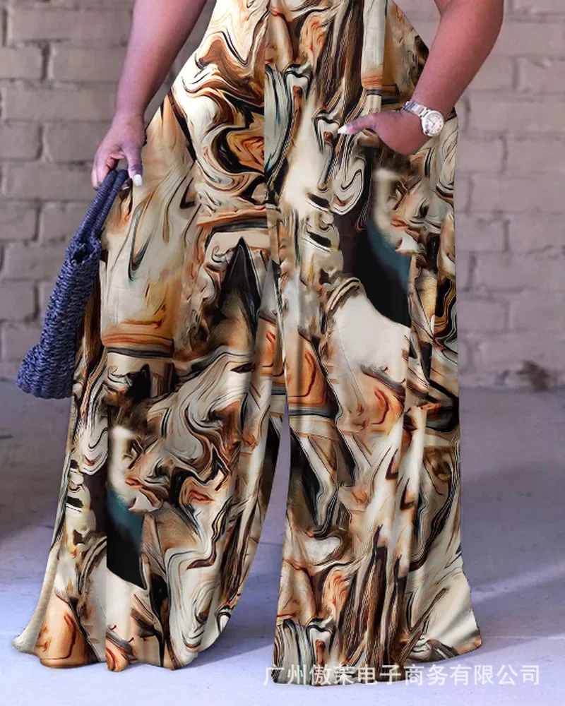 Women Abstract Print Wide Leg Jumpsuit Sleeveless High Waist Summer Spring Loose Overall Pants Jumpsuits Sexy