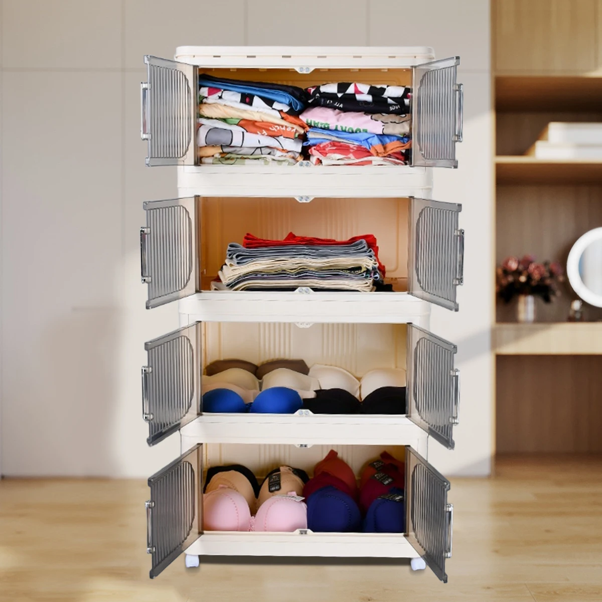 Cream White Magnetic Door Plastic Storage Cabinet Stackable Home Organizer Bins With Lids Clothing Toys Bedroom Board Game Box