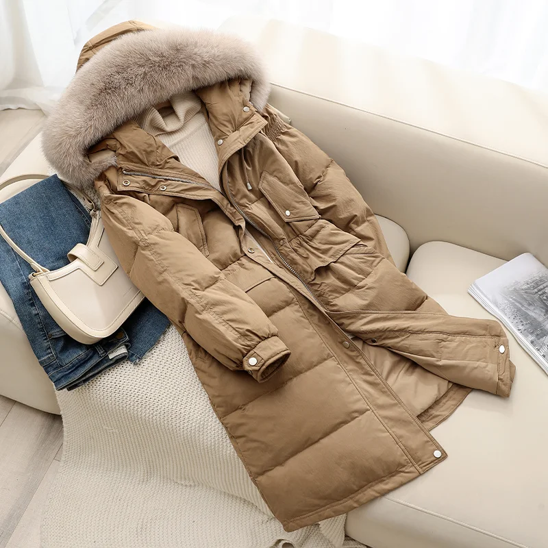 

White Elegant Duck Down Jacket Women Winter 2023 Hooded Real Fox Fur Collar Overcoat Female Chaquetas Para Mujer Gxy1353