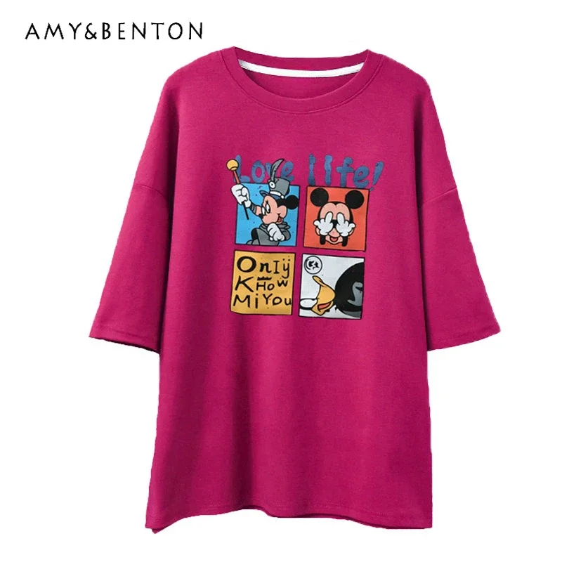 

Potdemiel Brushed Short Sleeve Cotton T-shirt Women Cartoon Loose Average Thickened Half-Sleeved Inner Wear O-Neck Bottoming Top