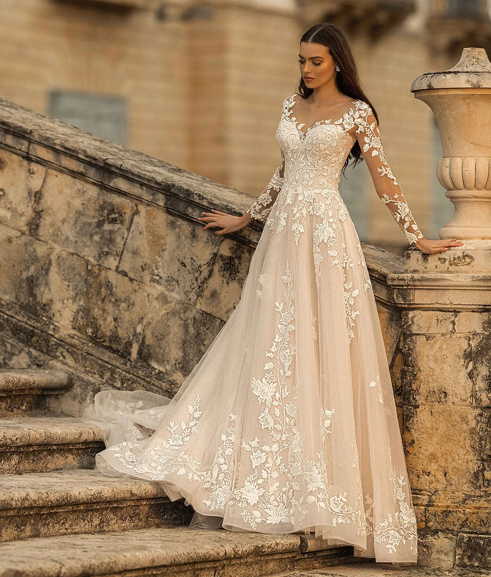 

Vintage O-Neck Boho Lace Wedding Dresses Long Sleeves Appliques Lace Up Back A-Line Beach Bridal Dress 2023 Robe De Mariee