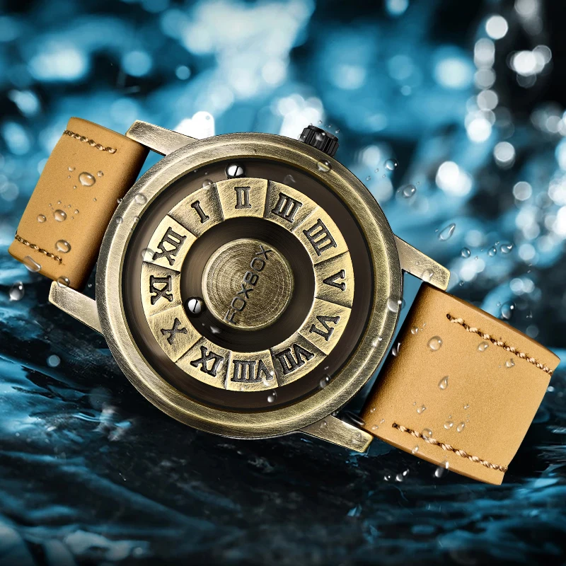 FOXBOX Fashion Leather Watch Men Creative Rolling Pointer Design Watch Men Casual Business Military Men's Quartz WristWatches