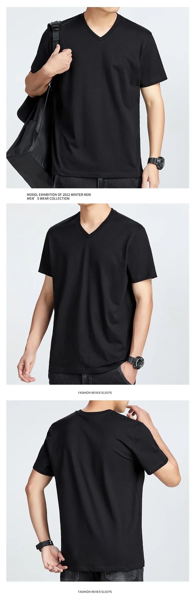 Men's Cotton T-Shirt - Comfortable Casual Loose Fit V-Neck Solid Color Tee