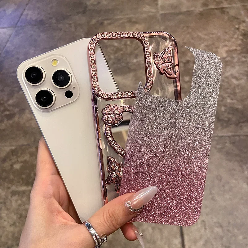 Luxury Electroplate Butterfly Glitter Diamond Case for IPhone 17 16 15 14 13 12 Pro Max Transparent Heart Make Up Mirror Cover view 4