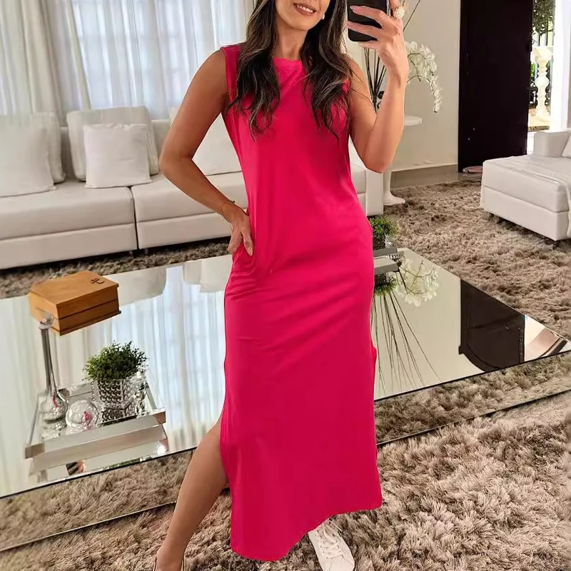 

Женское Повседневное платье-пуловер, однотонное длинное платье с разрезом и круглым вырезом, модное простое платье без рукавов и с карманами, лето 2019