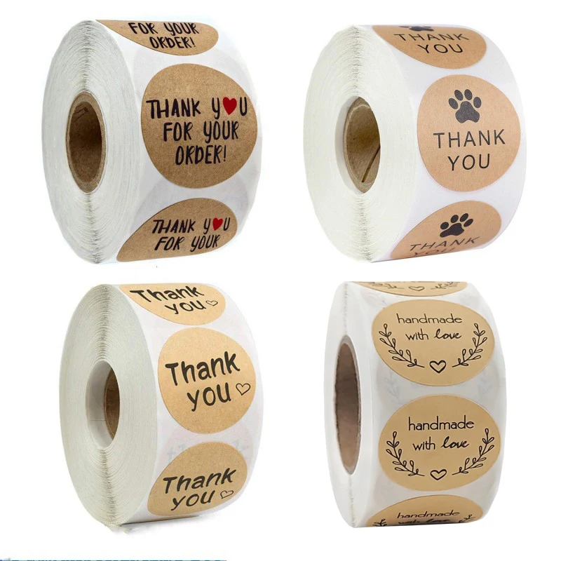 Round Natural Kraft Handmade Heart Thank You Stickers Scrapbooking Gift Baking Package Adhesive Sticker Seal Label 50-500pcs