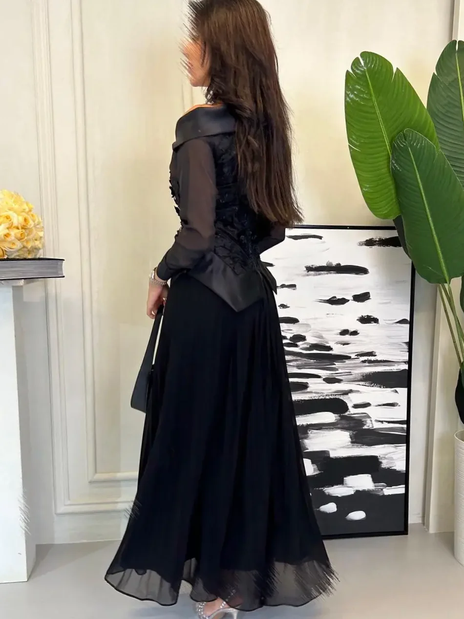 Women Prom Dresses Black Long Sleeves A-Line Chiffon Satin Saudi Arabia Women Evening Dress Party Gown