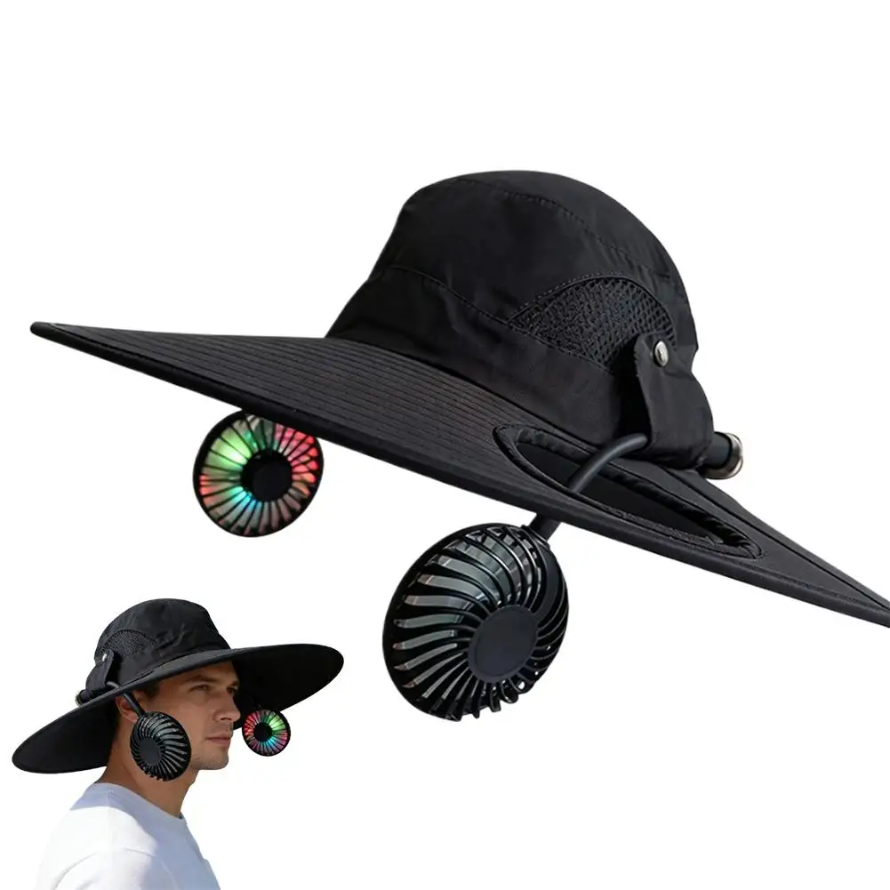 Sommer Herren Sonnenhut mit breiter Krempe und Solarventilator – Outdoor-Schutz-Sonnenhüte mit 2 Solarventilatoren für Wandern und Angeln – Solarbetriebene Visierkappe – Neu eingetroffen – Detail 1