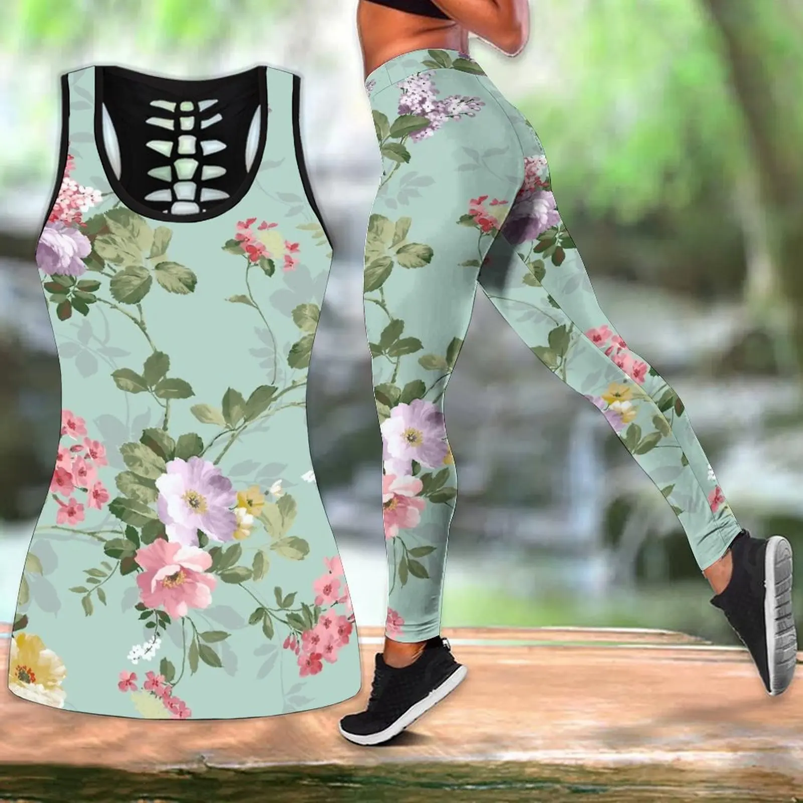 

Summer Fashion Suit Flower Print Tops Vest Hollow Tank Top Legging Women Clothing XS-8XL
