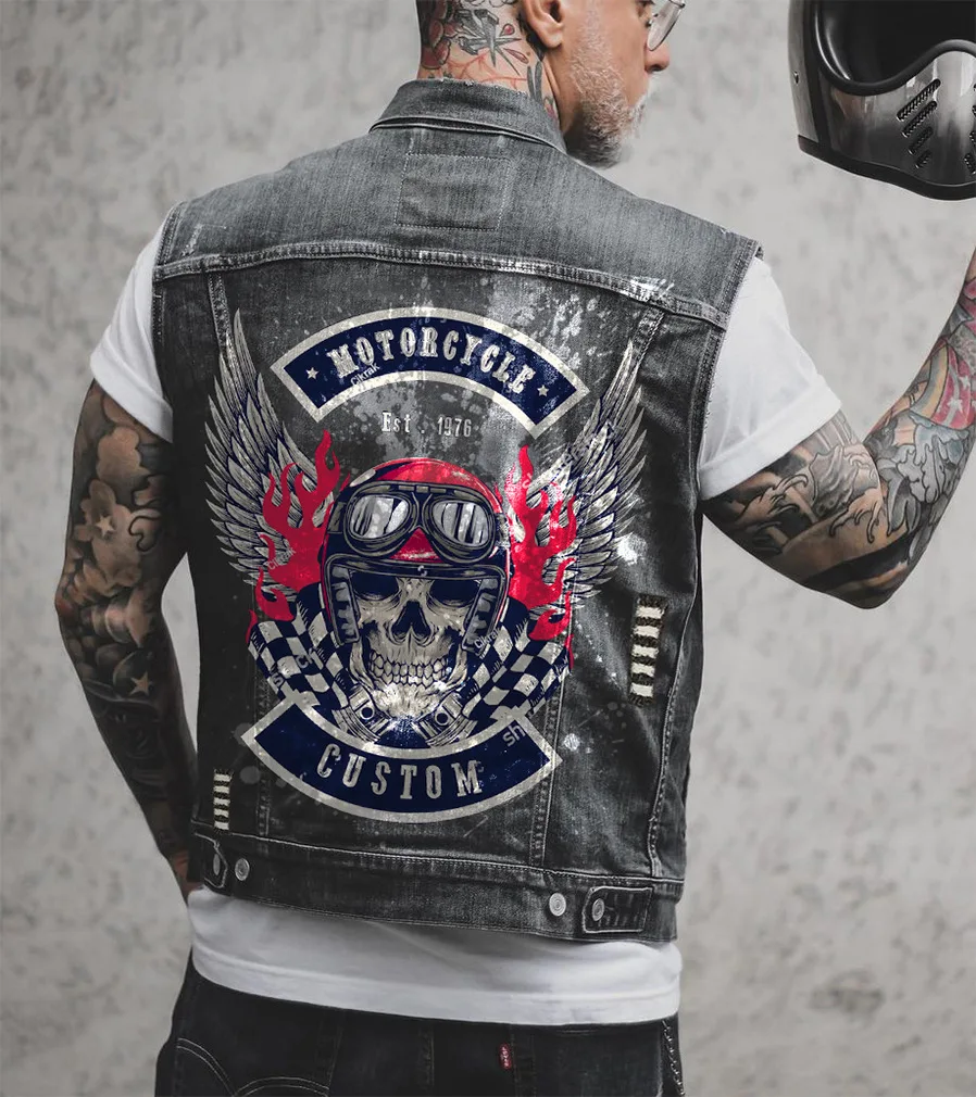 Men's Denim Jacket Sleeveless Vest Newretro Skull Bone Baseball Cap Printed Casual European And American Punk Cowboy Motorcycle