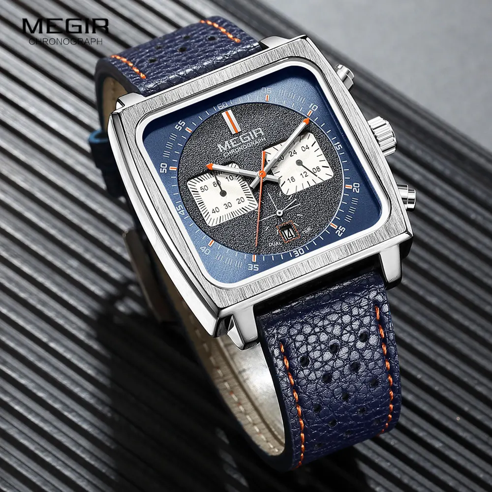 MEGIR Men's Blue Square Dial Chronograph Watch - Casual Sport Leather Strap, Quartz Movement, Date Display, 3ATM Waterproof
