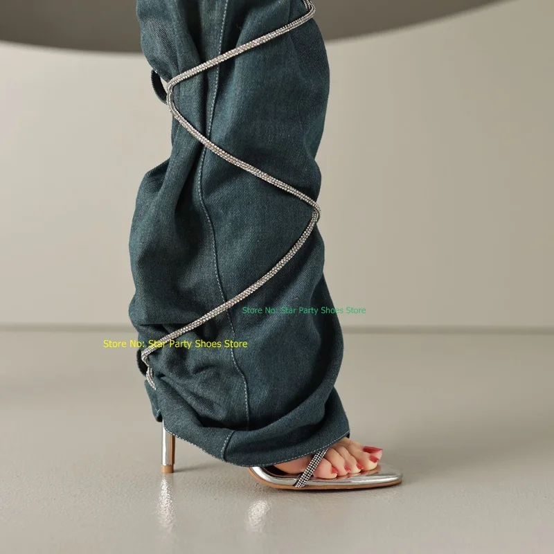 

Fashion Hole Denim Woman Thin High Heel Sandal Boots Cross Tied Open Toe Female Summer Autumn Blue Black Shoes