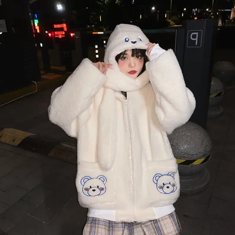 Women Japanese Harajuku Lambswool Sweatshirt Coats Kawaii Bear Embroidered Zip Up Loose Hoodies Soft Girl Cute Plush Jacket 2023