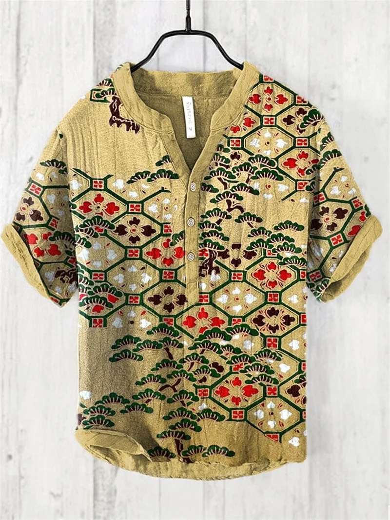 Spring and summer men's casual fish patterned Hawaiian style men's 100% linen shirt
