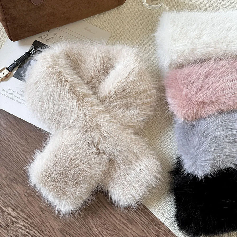 

Thicken Soft Plush Collar Scarf Imitation Rabbit Fur Cross Scarf Double-sided Neck Warmer Scarves Outdoor Windproof Neckerchief