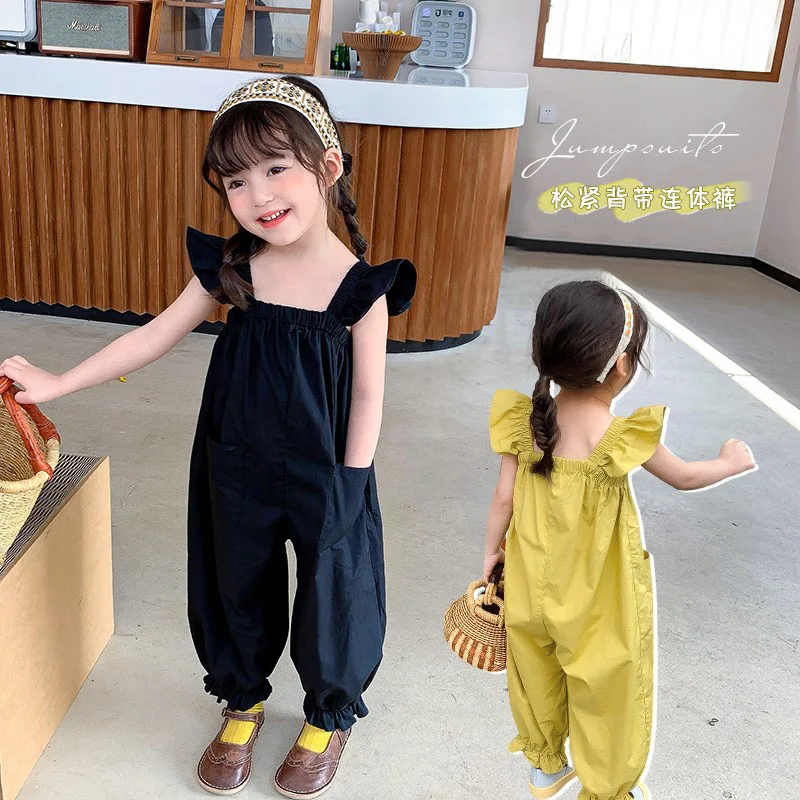 Girls little fly sleeve children overalls pants kids outfits backpack pants summer Children's dress falfashion outside wear jumpsuit spring