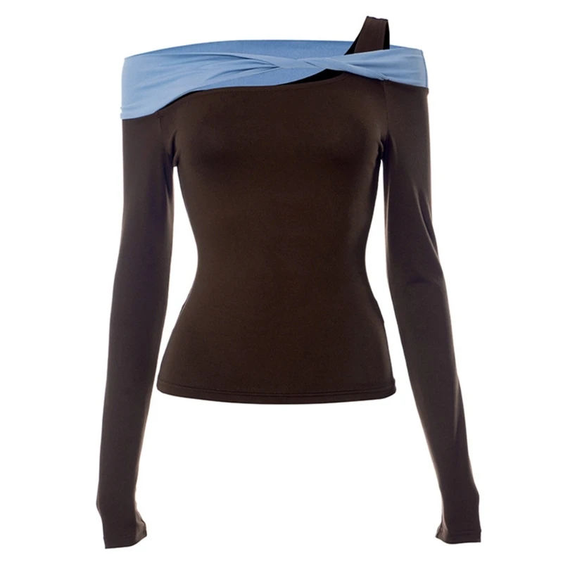 

Women's Color Blocking One Shoulder Long Sleeve Top Korean Cut Out