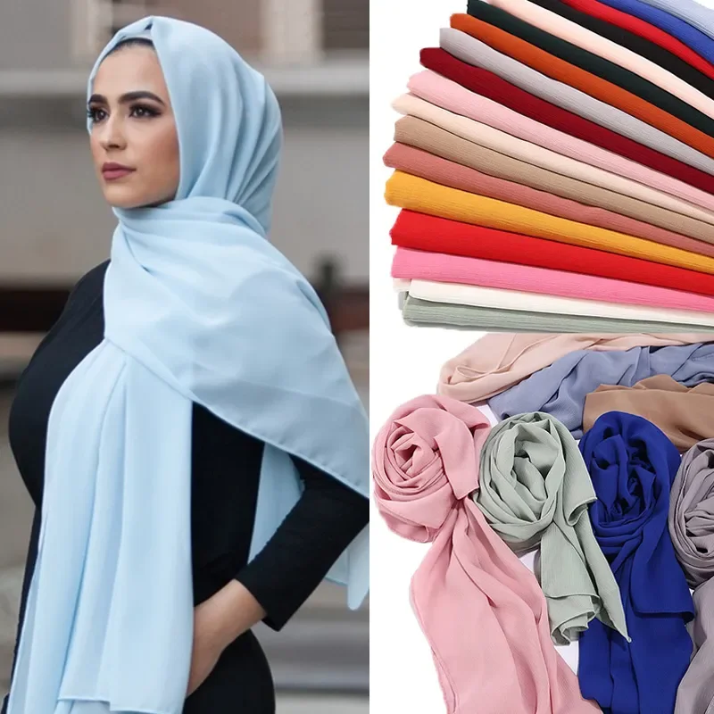 

Новинка 2023, элегантная скромная женская шифоновая однотонная шаль из пузырчатой ткани большого размера, женский платок, хиджаб, палантины