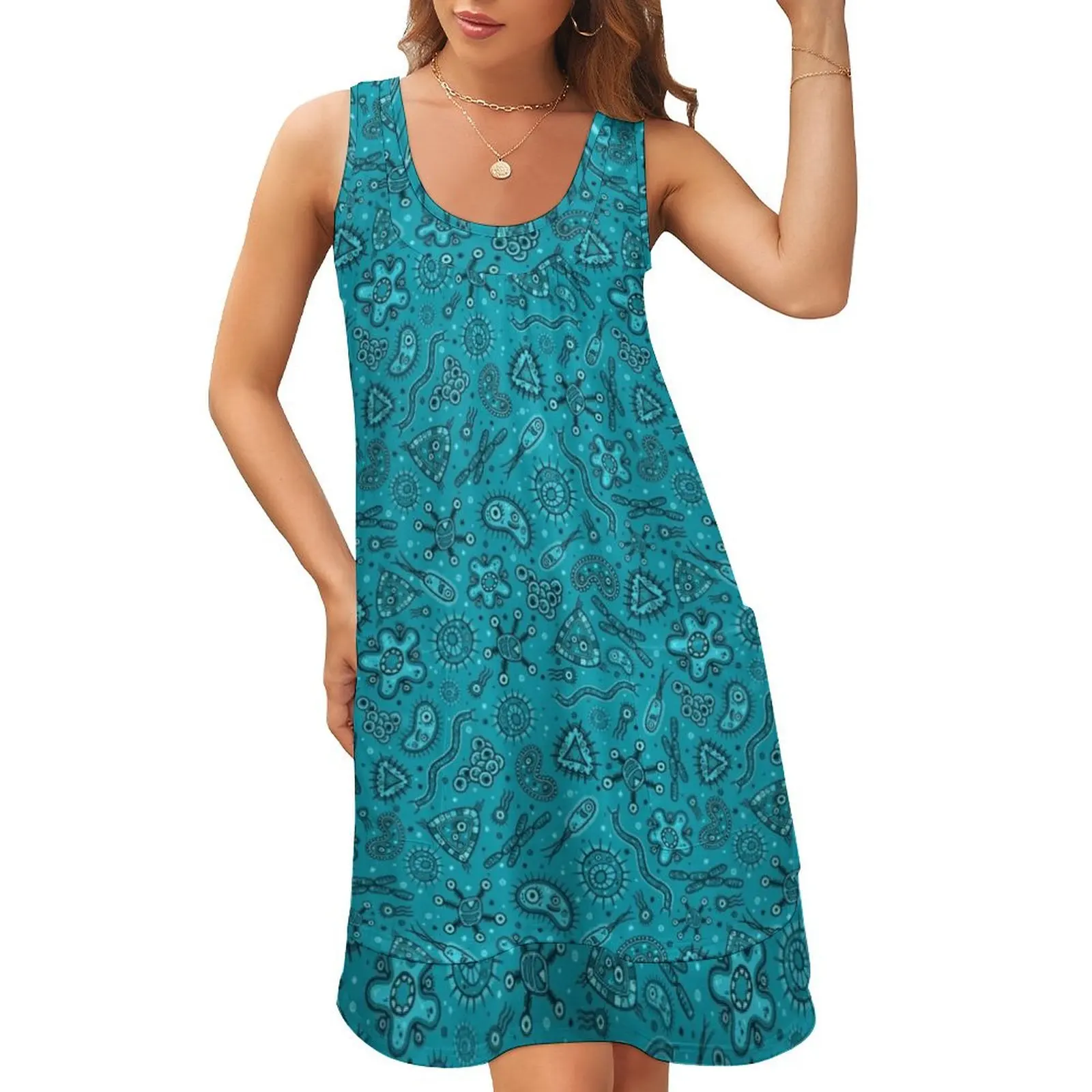 

Cartoon Microbes - Teal Sleeveless U-Neck Fake Two Piece Dress prom dress 2024 Evening gown luxury woman party dress