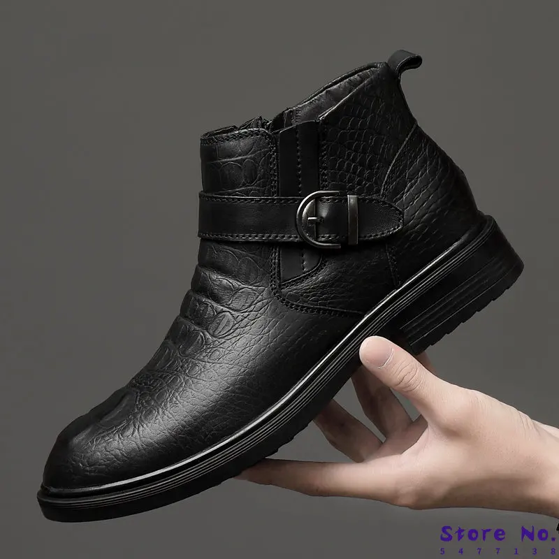 

Winter Boots NewBrand Plus Hair Men Boots High Top Crocodile Leather Shoes Men Business Ankle Boots Leather Snow Boots