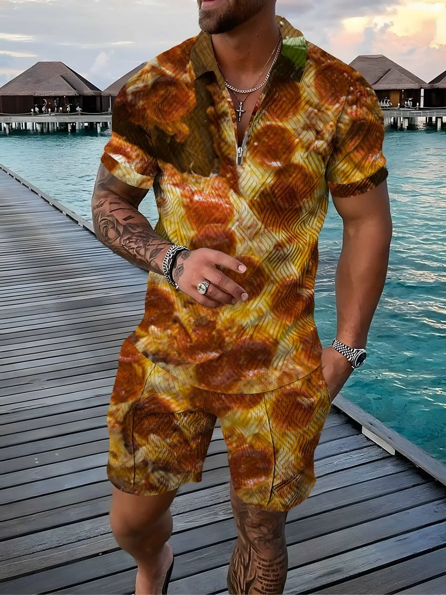

Men's Cool Polo Shirt + Shorts Summer Outfit Fashion Activewear Casual Lapel Zip Clothing 3D Pizza Print Street Suit