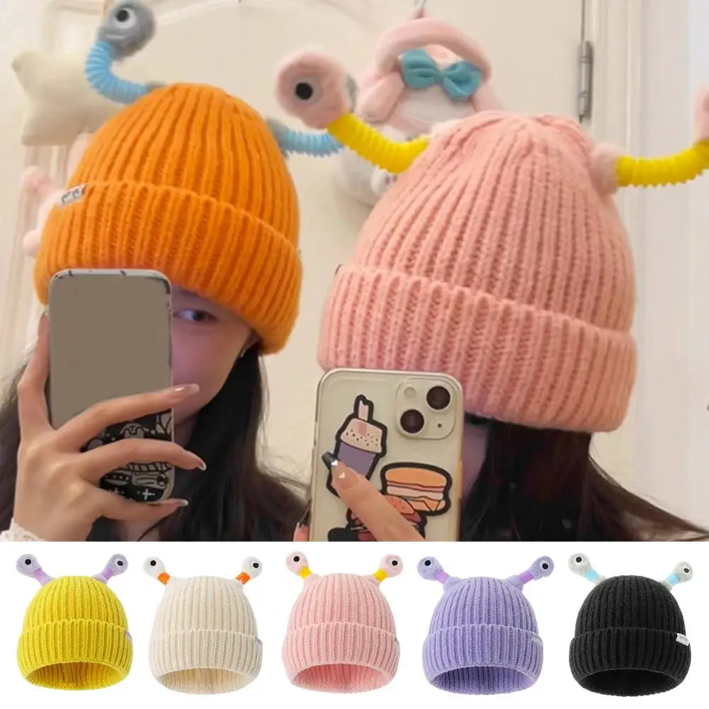 

Cute Knitted Beanie Hat With Eyes Solid Color LED Glowing Party Hat Kids Winter Warm Hat Funny Cartoon Winter Warm Hat