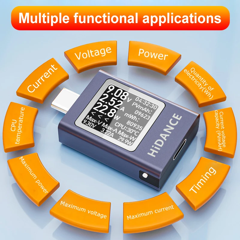 HDC-085C-medidor de potencia de 4,5-50V, 0-12A, PD3.1, pantalla Digital multifunción, amperímetro de voltaje de CC, probador de carga de teléfono móvil tipo c