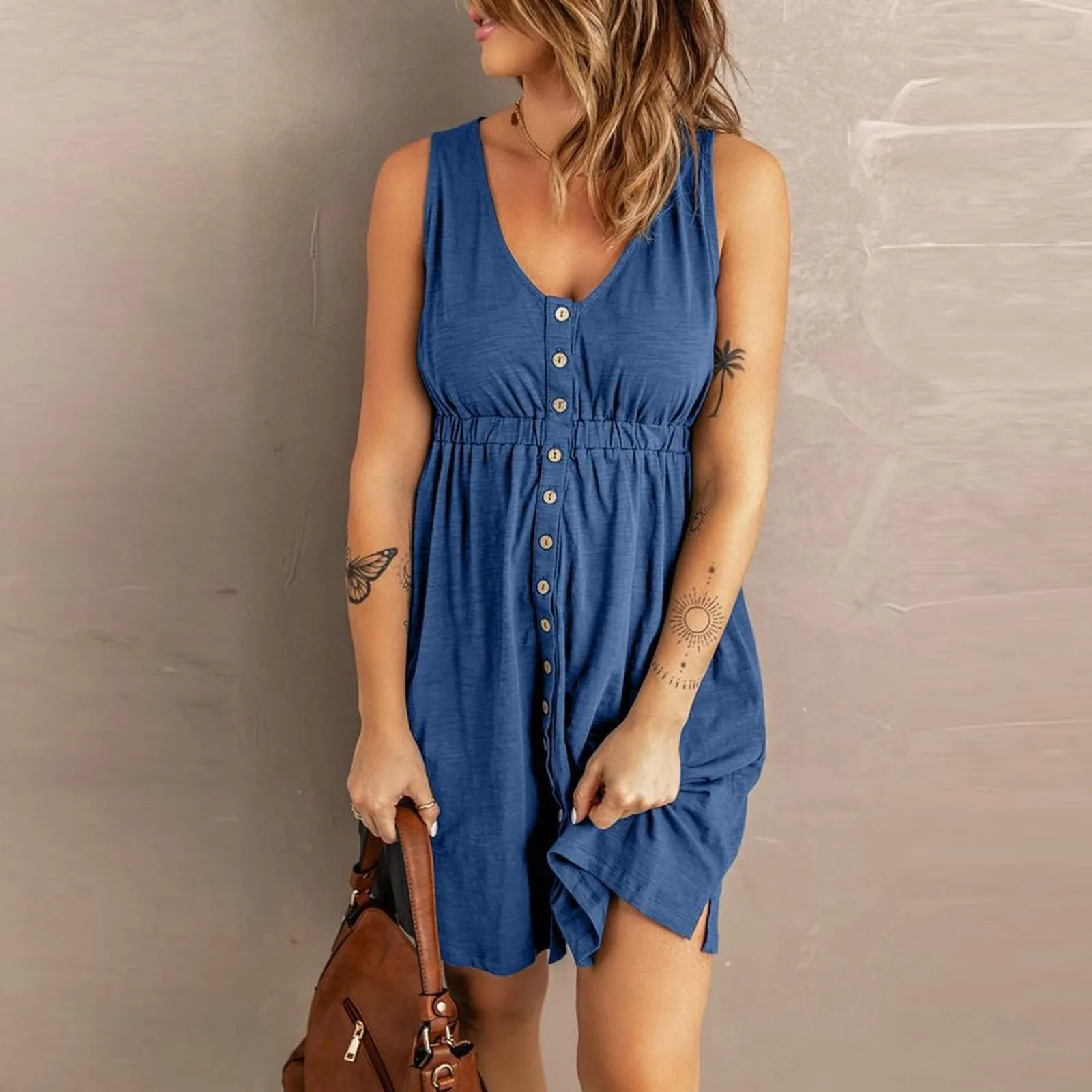 

Женское платье на пуговицах с эластичной талией, свободные однотонные короткие платья, повседневные майки, платья женское летнее без рукавов