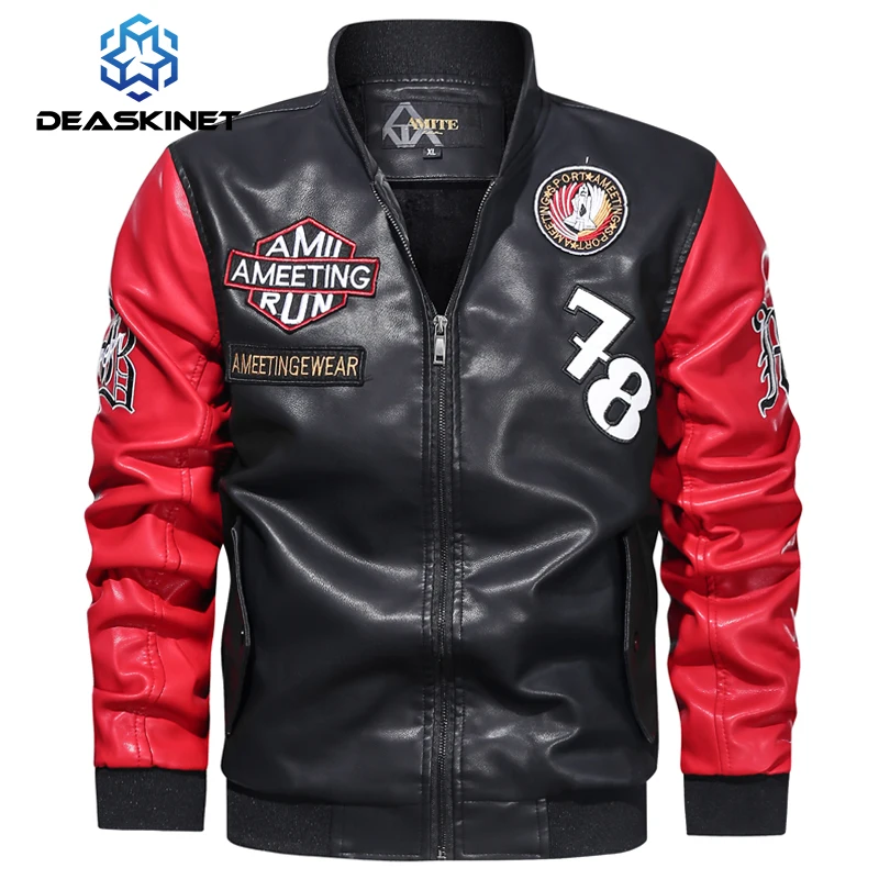 

Mens Embroidery Locomotive Jacket Autumn Winter Men Casual Biker Bomber Coat 2022 New Zipper Fleece Overcoat Pu Leather Jacket