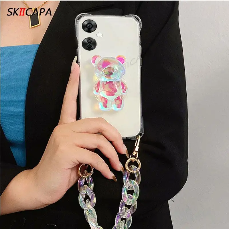 3D Laser Bear Holder Clear Cover with Wrist Chain Silicone Case
