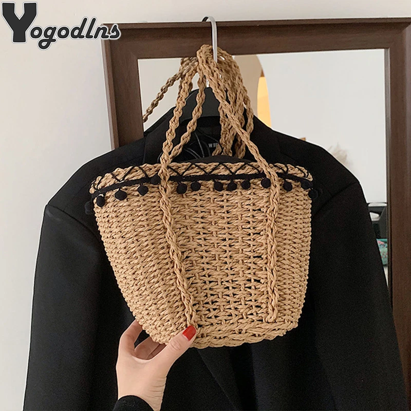 Bolso de paja de playa para mujer, bolsa de hombro tipo cesta, de mimbre, tejido bohemio, de gran capacidad, de de hombro| AliExpress