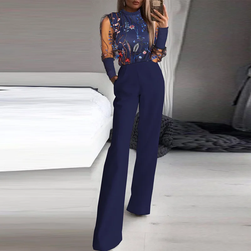 Elegant Pattern Print Straight Pants Playsuits Women Sexy Hollow Out Bandage Jumpsuit Ladies Fashion Long Sleeve Shiny Romper