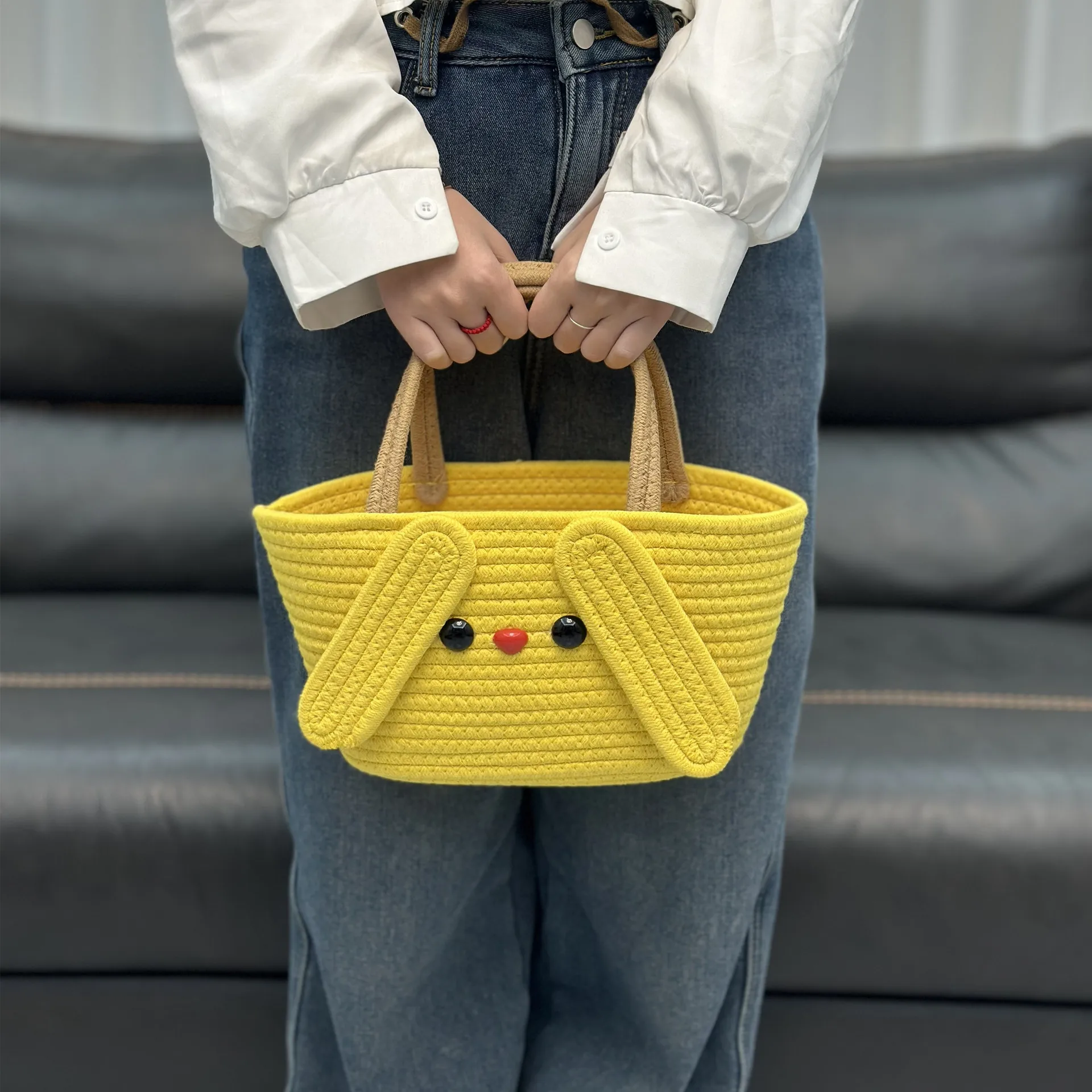 Summer Cartoon Shape Woven Top Handle Bags Casual Women's Cotton Rope Bucket Bags Fashion Straw Beach Bag Holiday Handbags