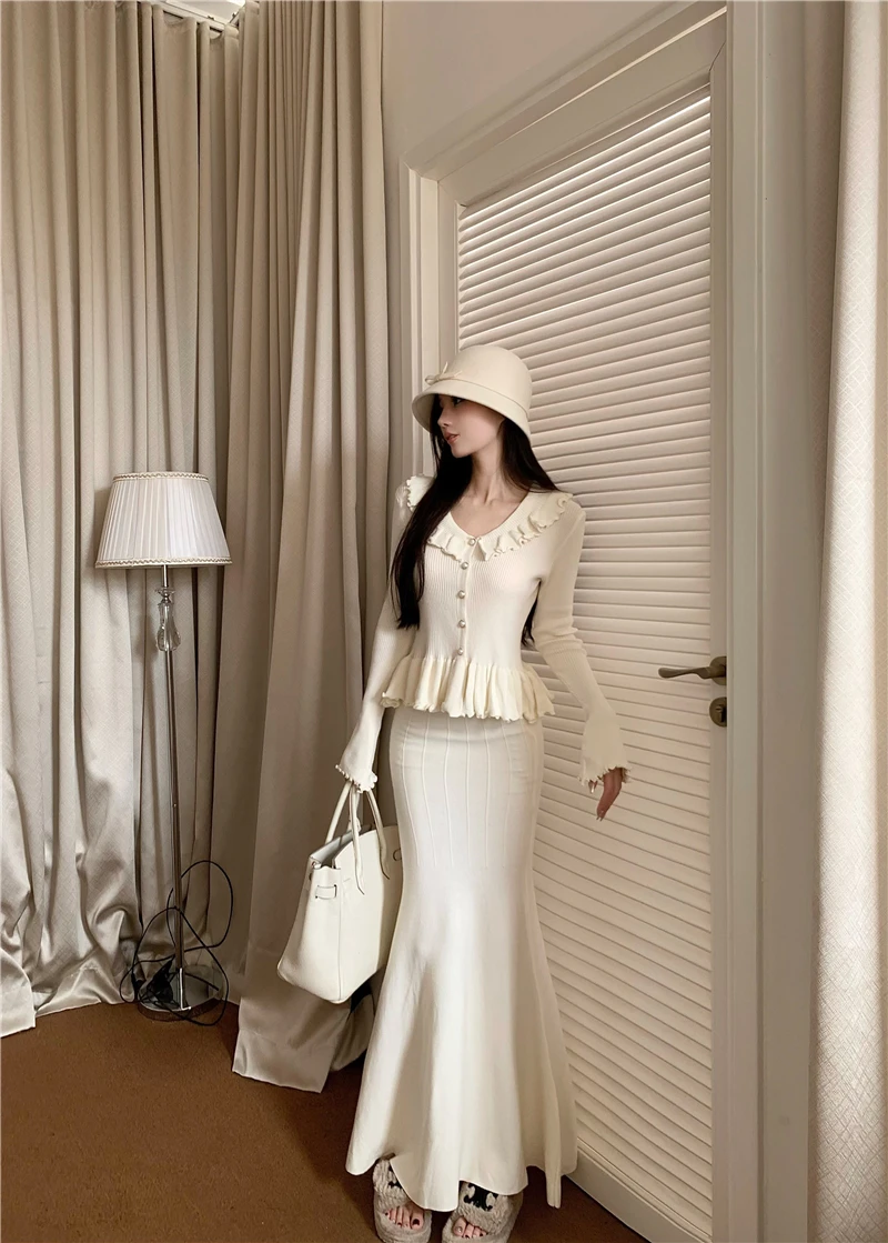 Autumn Winter Knitted 2-Piece Sets Women Ruffles Tops Bodycon Fishtail Skirt Slim Solid Knitwear Outfits Korean Fashion Suit