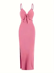 Chic Knit Sleeveless Suspender Dress with Open Back - S (Pink)