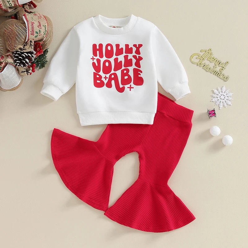 Description Picture 2 of itemKid Girls Pants Set Letters Print Sweatshirt with Elastic Waist Flare Pants Christmas Outfit