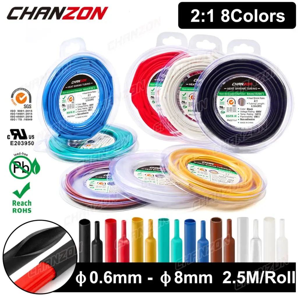 8 Colors 2:1 0.6 - 8mm Heat Shrink Tube Polyolefin Hose Wrap Tubing 1mm 3mm 2mm 6mm Black Cable Sleeve Wire Protector 2.5M/Roll