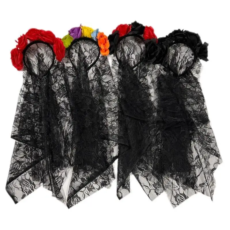 Tag der Toten Blumen-Stirnband mit schwarzem Spitzenschleier, mexikanische Rosen-Blumenkrone, Halloween-Cosplay-Kostüm-Party-Haaraccessoire – Detail 3