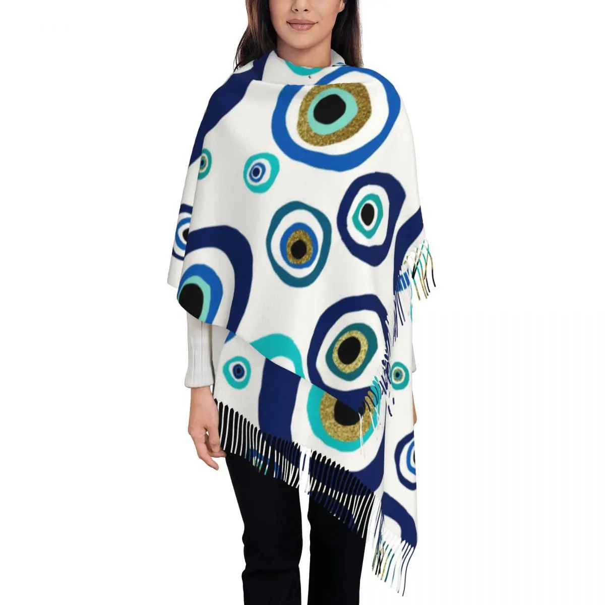 

Evil Eye Talisman Shawl Wraps for Ladies Winter Warm Large Long Scarf Evil Eye Blue Nazar Amulet Boho Neckerchief Tassel Scarves