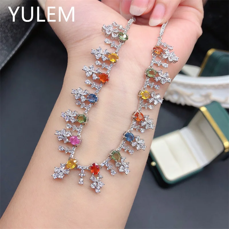 YULEM 100% 925 Sterling Silver Natural Sapphire Pendant Necklace Women's Wedding Engagement Jewelry Silver Necklace Luxury