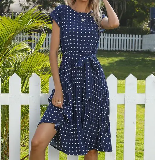 

Hot Summer Mid Length Skirt Short Sleeved Lace Up Polka Dot Pleated Dress