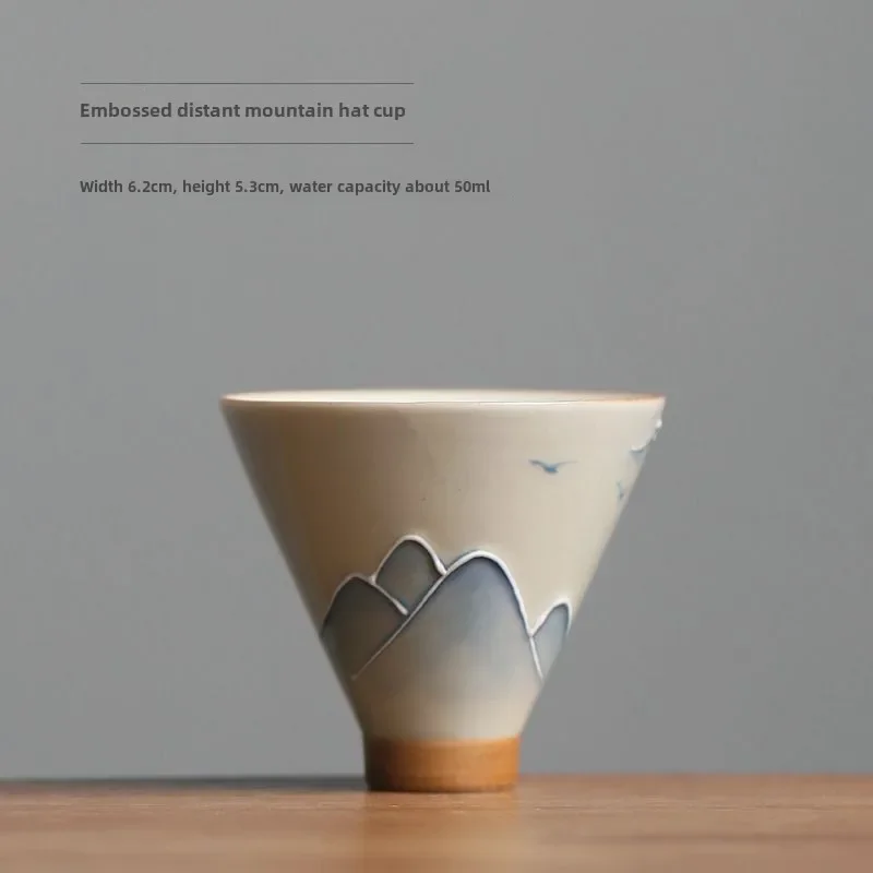 Hand-Painted Landscape Ceramic Tea Cup, Plant Ash Glaze & Underglaze Color, Bamboo Hat Design for Gongfu Tea Ceremony Home Decor