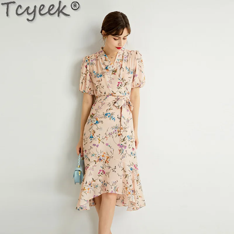 

Tcyeek 100% Real Mulberry Silk Women's Dresses 2024 Korean Midi Dress Elegant Dresses for Women Fashion Lantern Sleeve Dress
