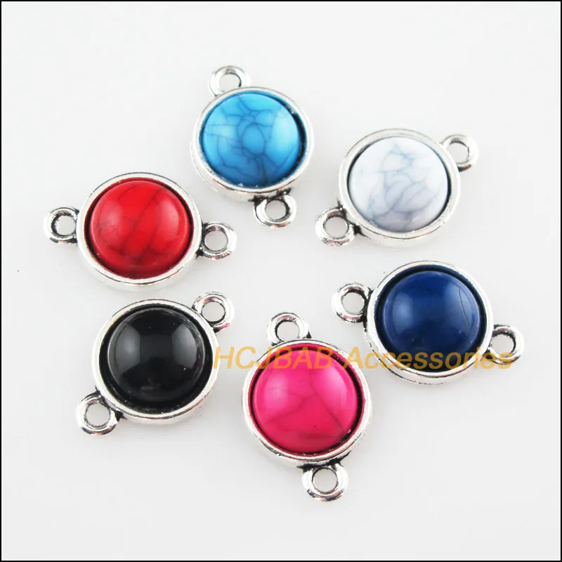 

18Pcs Tibetan Silver Plated Round Mixed Stone Charms Pendant Connectors 12x19mm