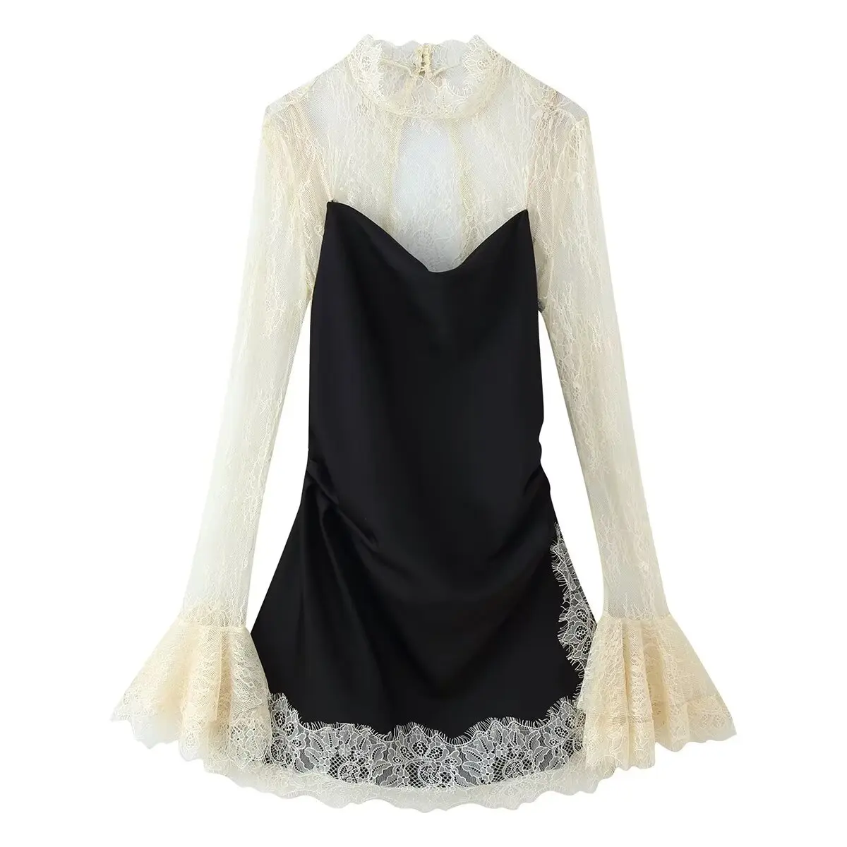 Sexy Lace Splice Mini Dress Woman Elegant Flared Sleeve See Through Short Dresses For Women Club Evening Party Dresses 2026 New