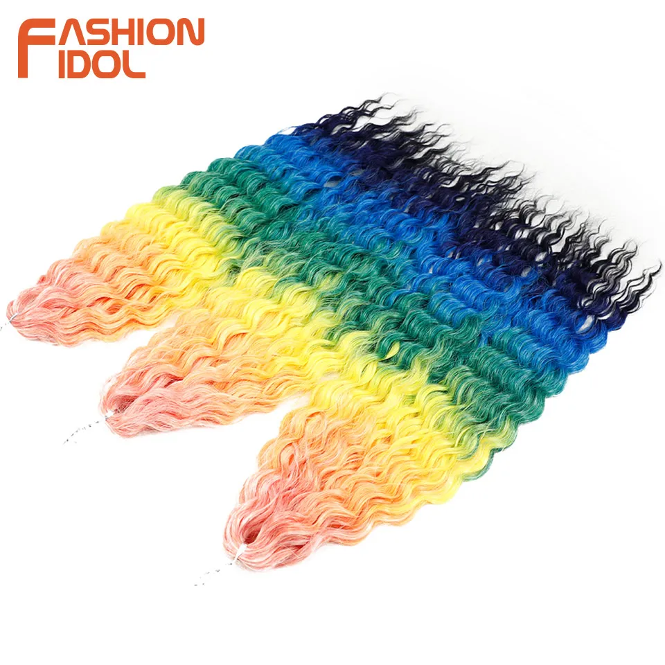 FASHION IDOL 24 Inch 300g Crochet Hair Synthetic Water Wave Braiding Hair Extensions Ombre Rainbow Fake Hair Deep Wave Curl Hair 1