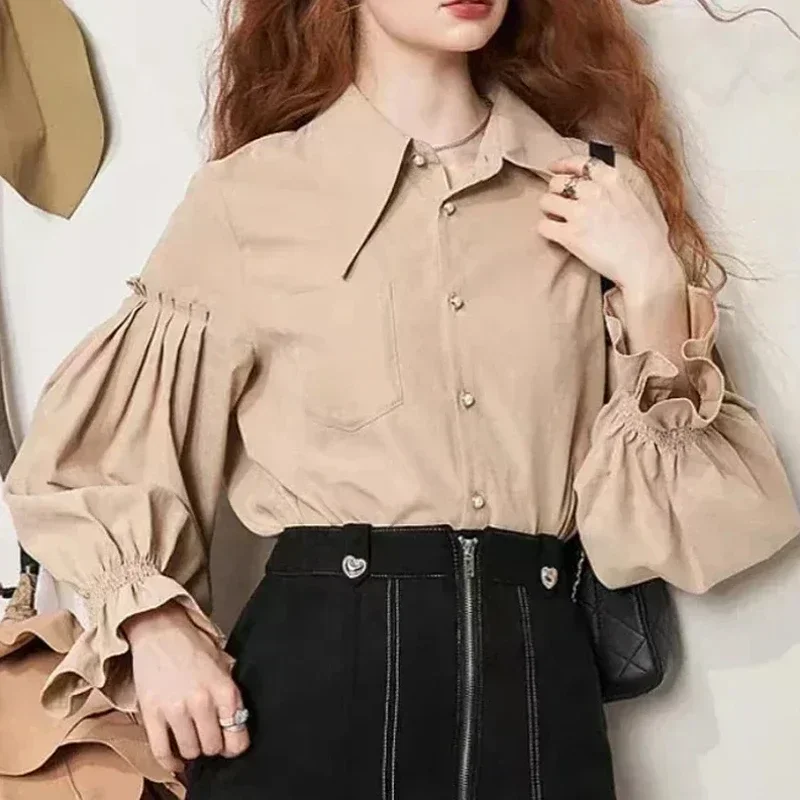 

Fashion Lantern Long Sleeve Women Shirt Autumn Peter Pan Collar Pocket Blouse Woman Vintage French Style Loose Ladies Tops 29834